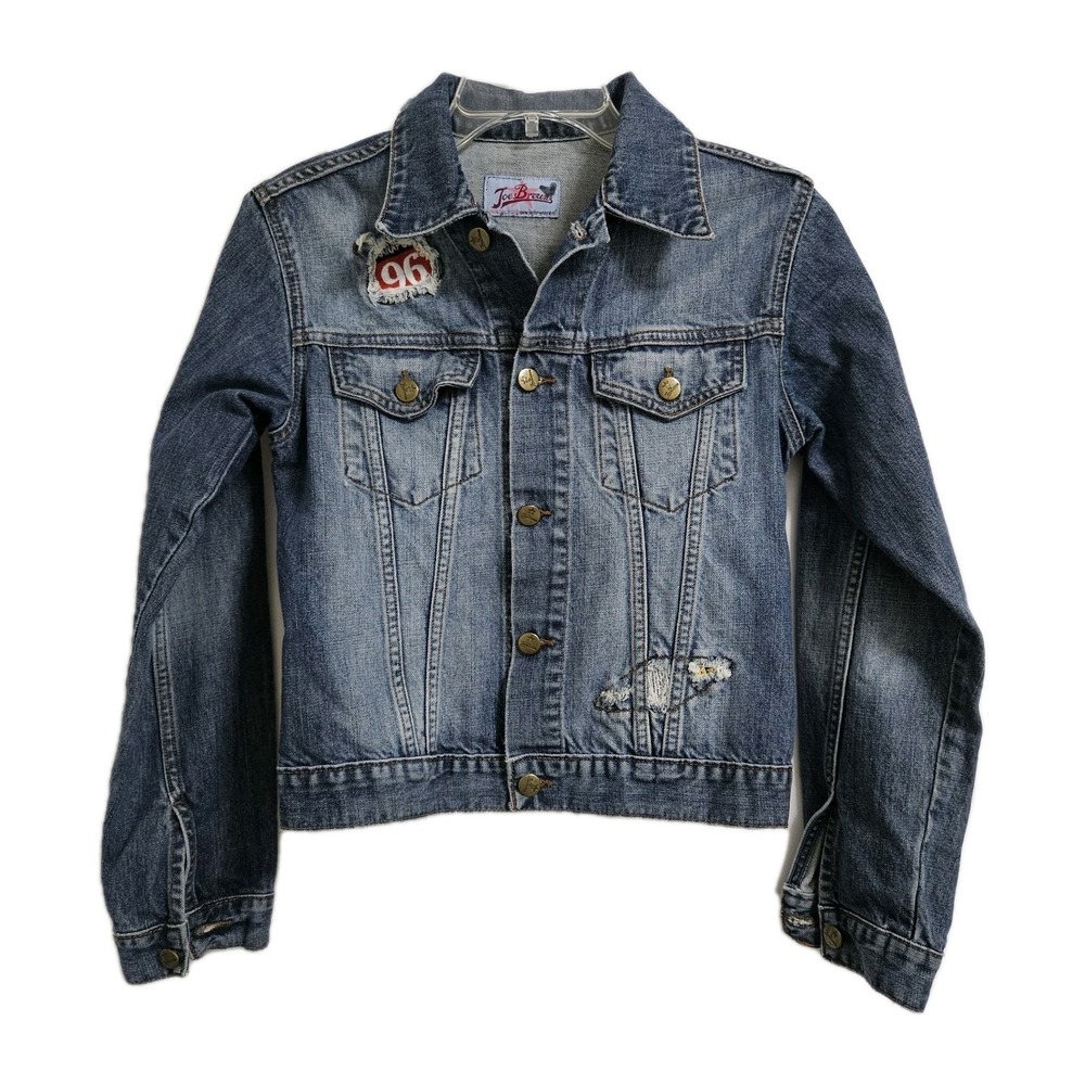 VINTAGE Joe Browns‎ Distressed Patches Denim Jacket Size 10 Blue Y2K Retro EUC